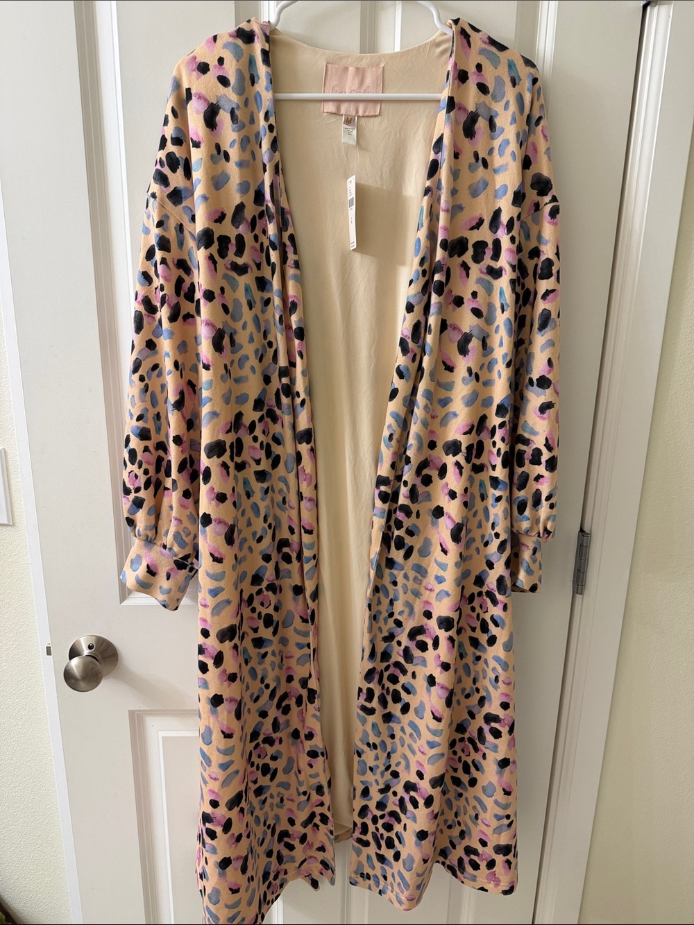 Hutch Beige Animal-Print Open Duster with Pink, Blue & Black Spots